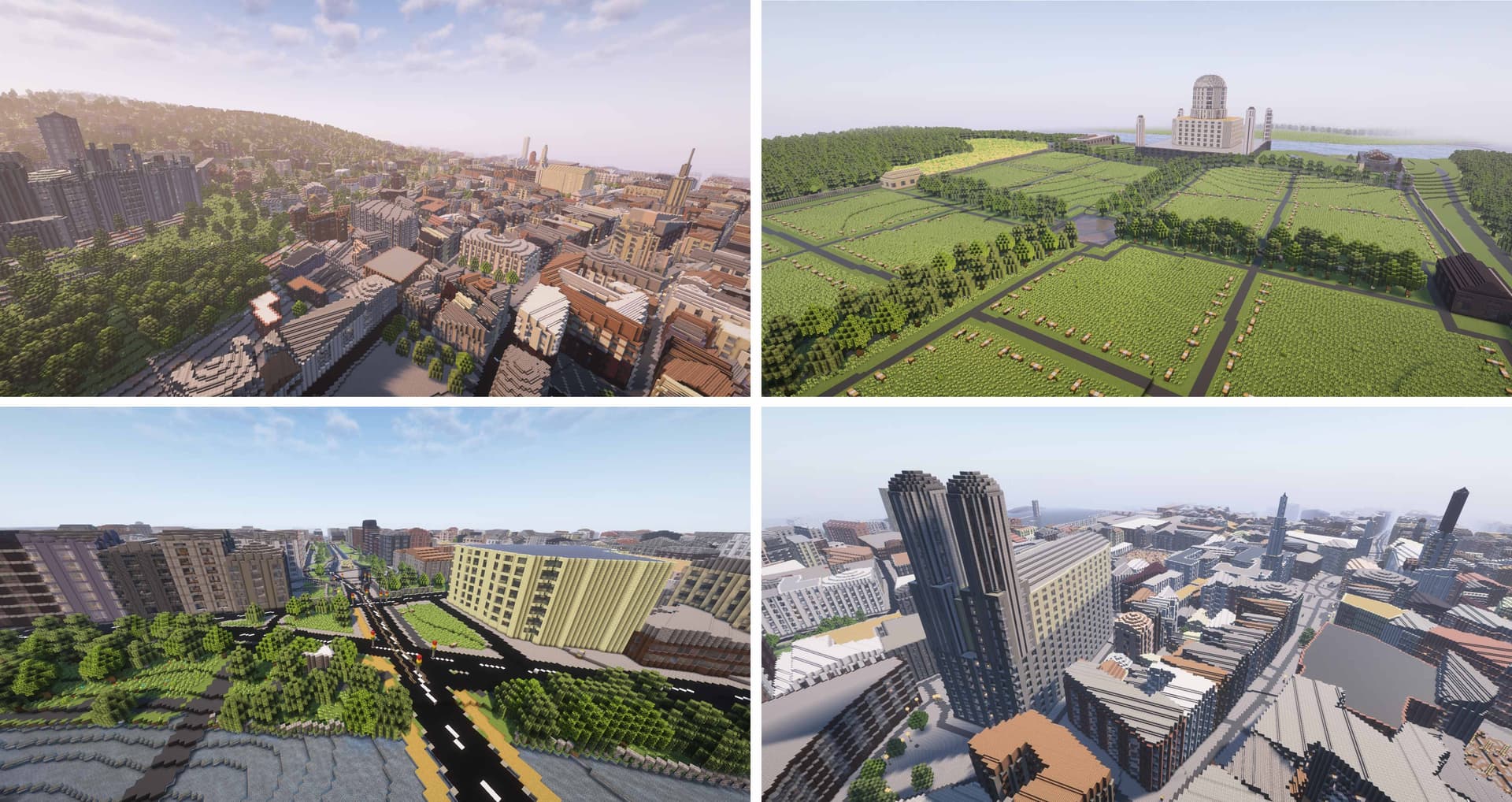 Four Minecraft worlds generated from real locations — dense city, park, intersection, and skyline
