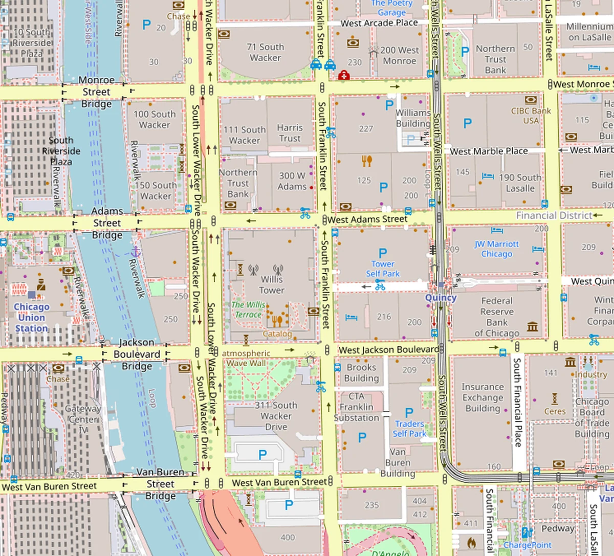 Real-world map of downtown Chicago — Loop and Chicago River